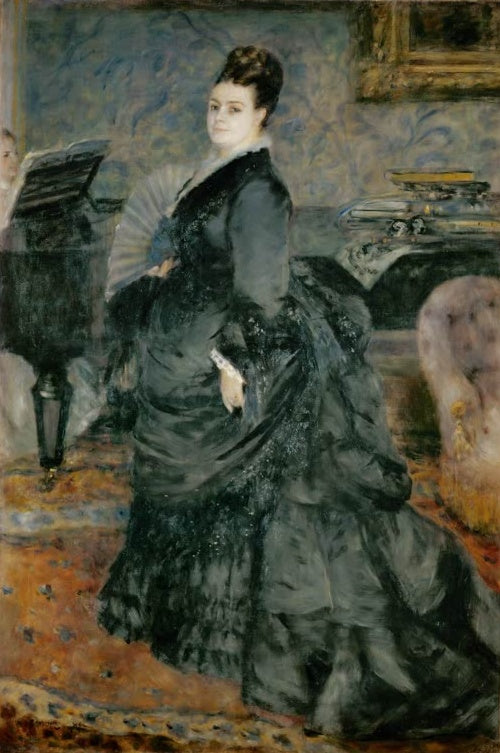 Dame in grauem Kleid mit Fächer steht im Salon neben dem Klavier – Pierre-Auguste Renoir Portrait de femme Kunstkopie