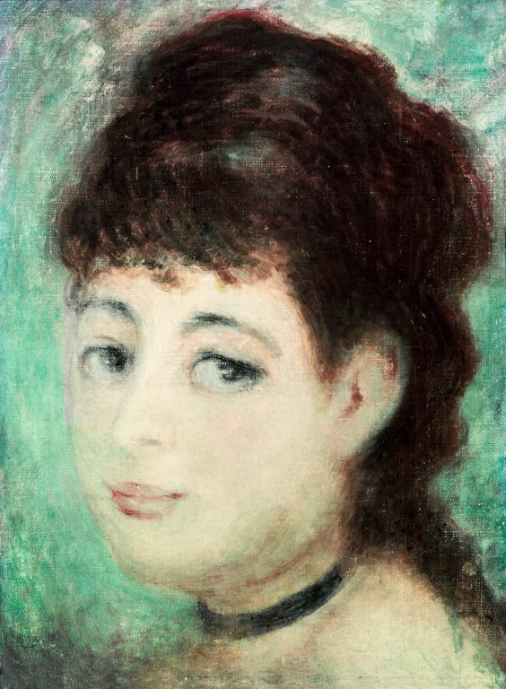 Junge Frau mit hochgestecktem dunklem Haar und schwarzem Halsband – Pierre-Auguste Renoir Portrait de jeune femme Kunstkopie