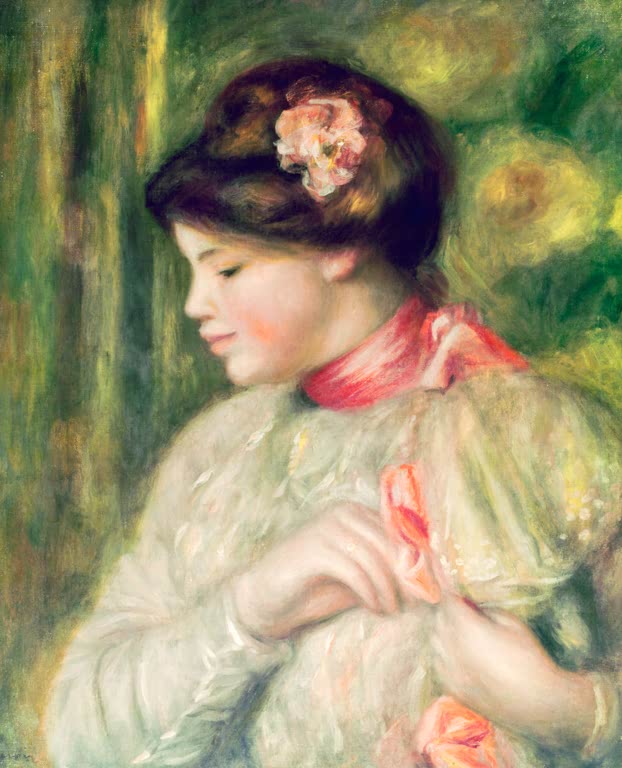 Junge Frau mit Blume im Haar und rotem Halstuch im Profil – Pierre-Auguste Renoir Portrait de jeune fille Kunstkopie
