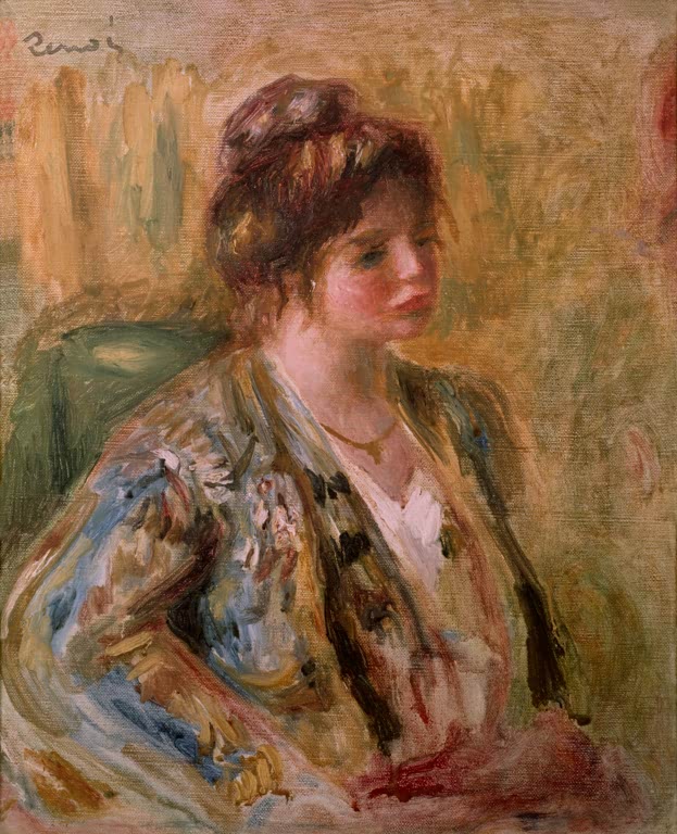 Junge Frau in gemusterter Jacke sitzt im Halbprofil – Pierre-Auguste Renoir Portrait de jeune fille Kunstkopie