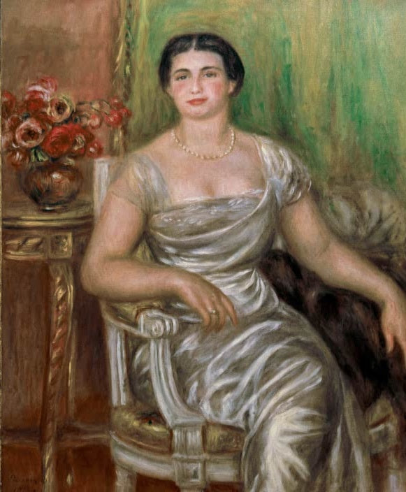 Dame in silbernem Kleid im Sessel neben Blumen – Pierre-Auguste Renoir Portrait de la poétesse Alice Vallières Kunstkopie