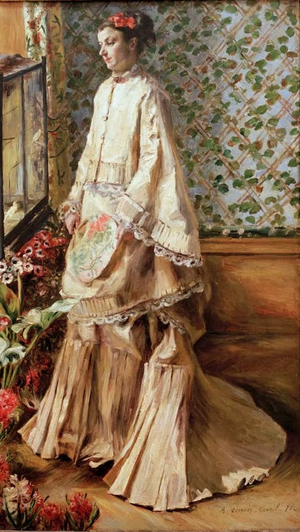 Frau in hellem Kleid und Schürze steht neben Blumen am Fenster – Pierre-Auguste Renoir Portrait de Rapha Kunstkopie