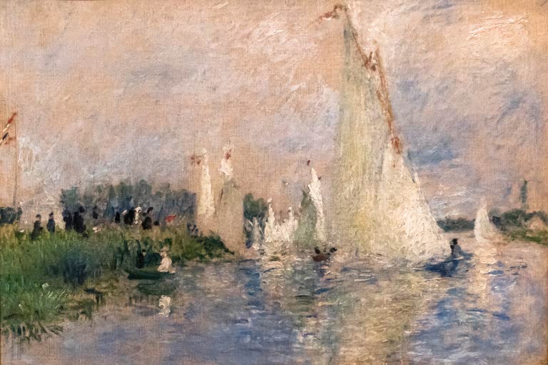 Segelboote auf ruhigem Wasser, Menschen am Ufer – Pierre-Auguste Renoir Regatten in Argenteuil Kunstkopie
