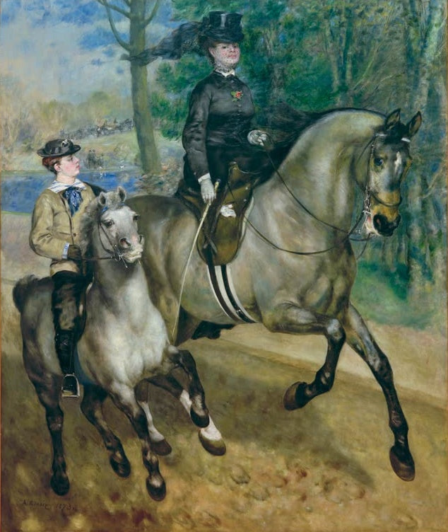 Dame zu Pferd und Junge auf Pony im Wald – Pierre-Auguste Renoir Reiterin im Bois de Boulogne Kunstkopie