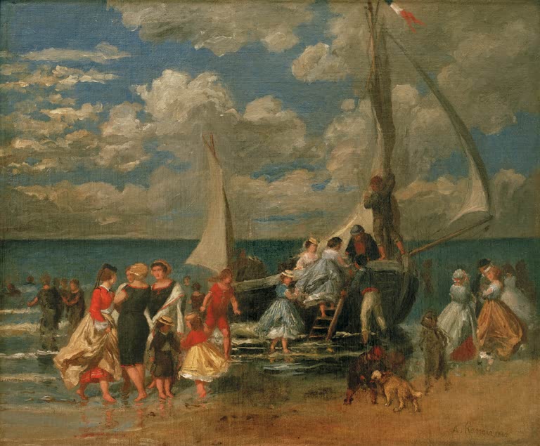 Menschen in bunten Kleidern am Strand neben einem Segelboot – Pierre-Auguste Renoir Réunion autour Kunstkopie
