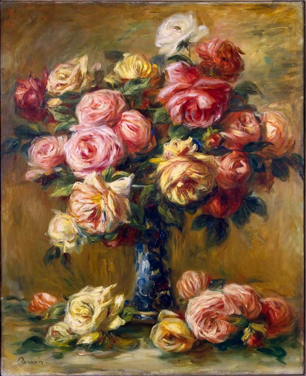 Üppiger Rosenstrauß in blauer Vase mit herabgefallenen Blüten – Pierre-Auguste Renoir Rosen in einer Vase Kunstkopie