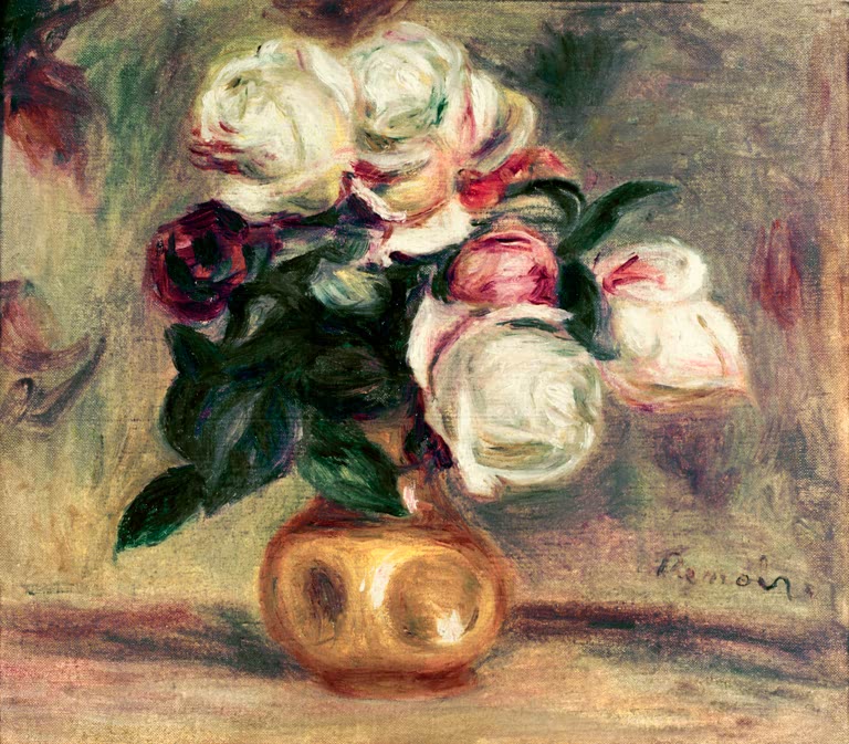 Weiße und rote Rosen in einer gelben Vase – Pierre-Auguste Renoir Roses blanches Kunstkopie