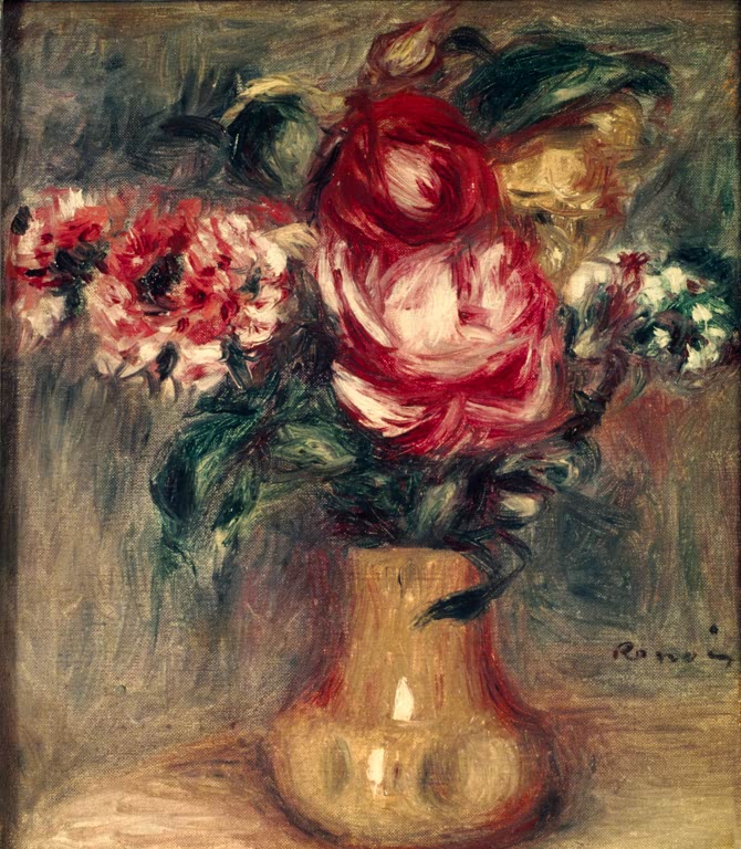 Bunter Blumenstrauß in ockerfarbener Vase – Pierre-Auguste Renoir Roses dans un vase ocre Kunstkopie