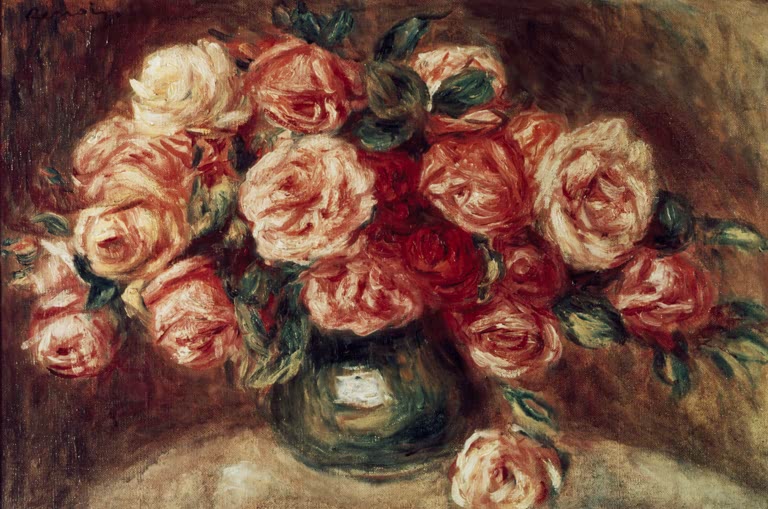 Rosenstrauß in dunkler Vase vor warmem Hintergrund – Pierre-Auguste Renoir Roses Kunstkopie