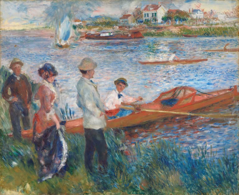 Ruderer und Zuschauer am Flussufer mit Booten – Pierre-Auguste Renoir Ruderer in Chatou Kunstkopie