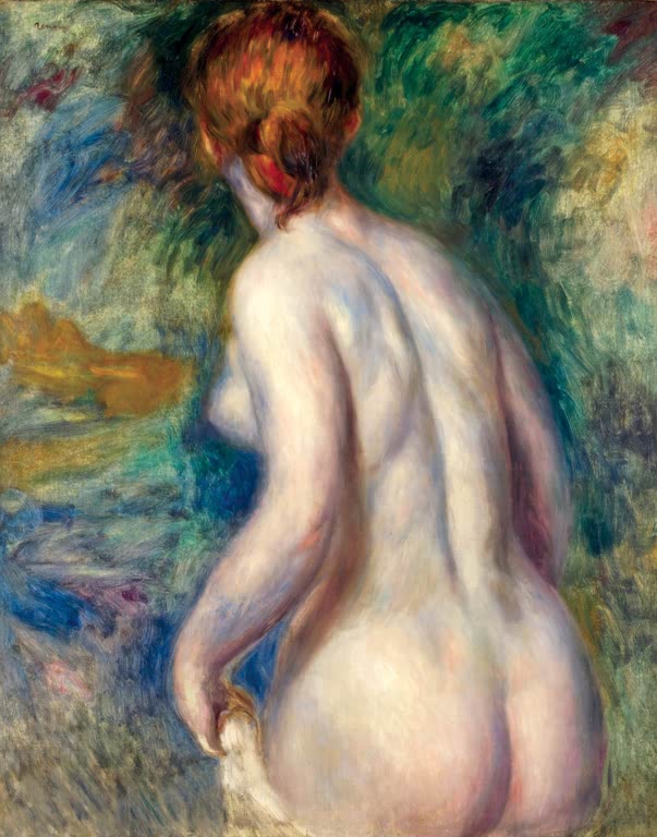 Weiblicher Rückenakt mit rotem Haar vor Landschaft – Pierre-Auguste Renoir Rückenakt Kunstkopie