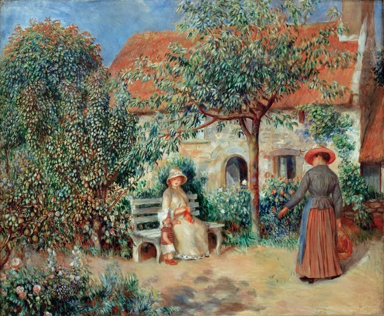 Zwei Frauen im Garten eines Hauses, eine sitzt auf der Bank – Pierre-Auguste Renoir Scene du jardin en Bretagne Kunstkopie