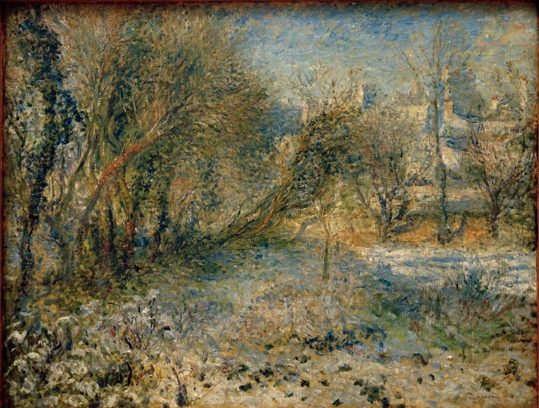 Verschneite Landschaft mit kahlen Bäumen und Häusern im Hintergrund – Pierre-Auguste Renoir Schneelandschaft Kunstkopie