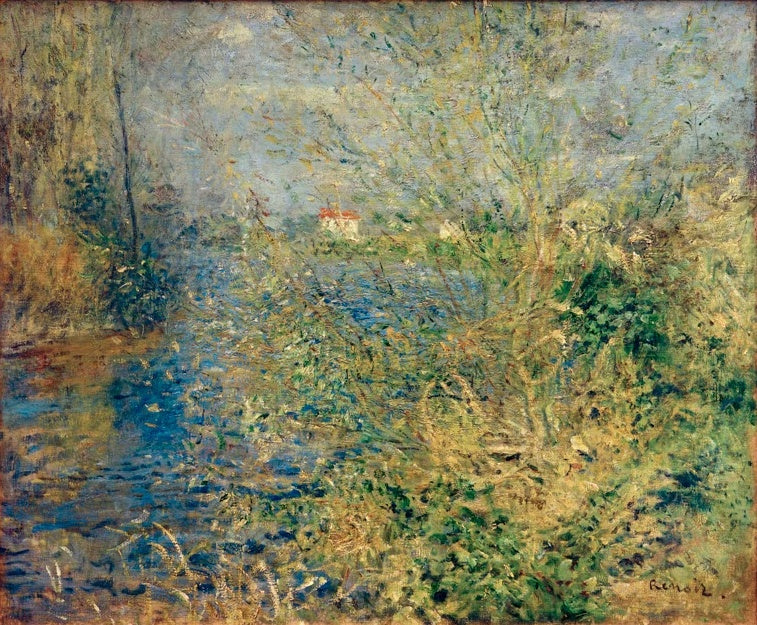Gebüsch am Seineufer im Licht, Haus in der Ferne – Pierre-Auguste Renoir Seinelandschaft bei Argenteuil Kunstkopie