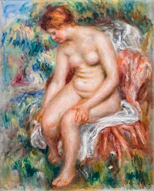 Sitzender Akt in Gartenlandschaft – Pierre-Auguste Renoir Sitzende Badefrau, die sich ein Bein abtrocknet Kunstkopie
