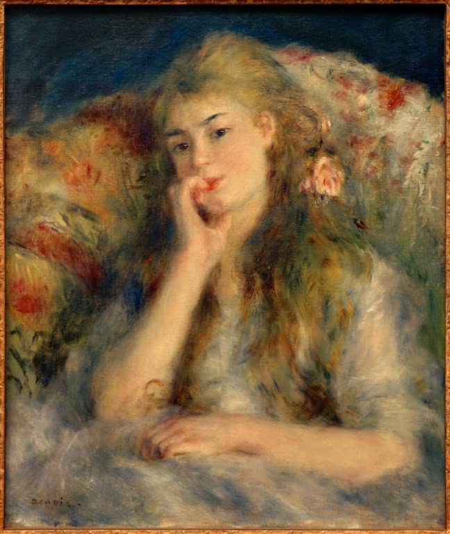 Junge Frau mit langem blondem Haar stützt das Kinn in die Hand – Pierre-Auguste Renoir Sitzende junge Frau Kunstkopie