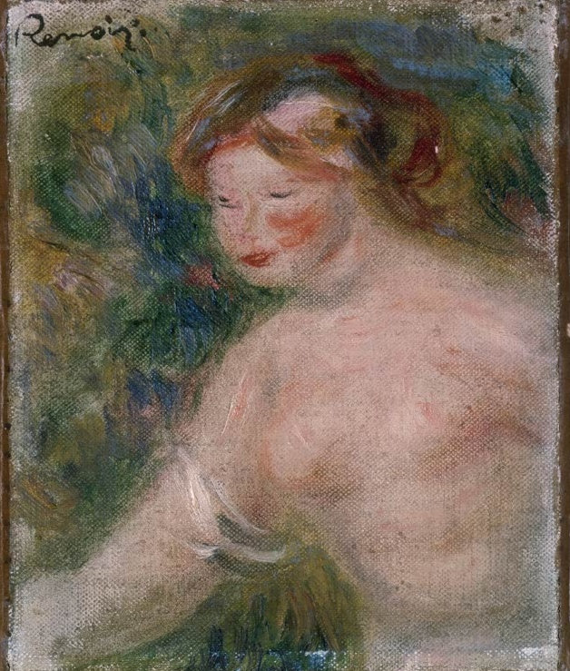 Skizze eines weiblichen Oberkörpers mit rotem Haarband – Pierre-Auguste Renoir Skizze, Frauentorso Kunstkopie