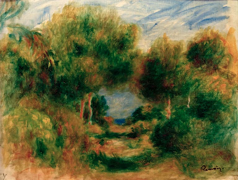 Waldausgang mit Büschen und Bäumen und Blick aufs Meer – Pierre-Auguste Renoir Sortie du bois, mer au fond Kunstkopie