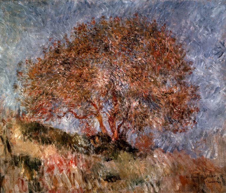 Großer Baum mit rotbraunem Laub vor blauem Himmel – Pierre-Auguste Renoir Souvenirs Kunstkopie