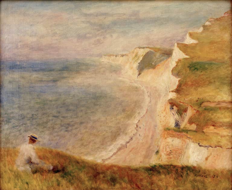 Weiße Steilküste und Bucht, ein Mann sitzt am Hang – Pierre-Auguste Renoir Steilküste bei Pourville Kunstkopie