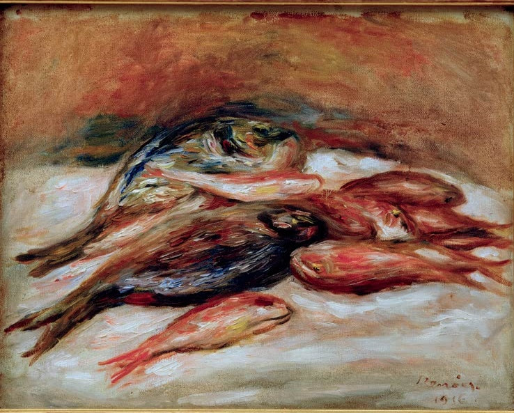 Mehrere rote Fische auf weißem Tuch – Pierre-Auguste Renoir Stilleben mit Fischen Kunstkopie