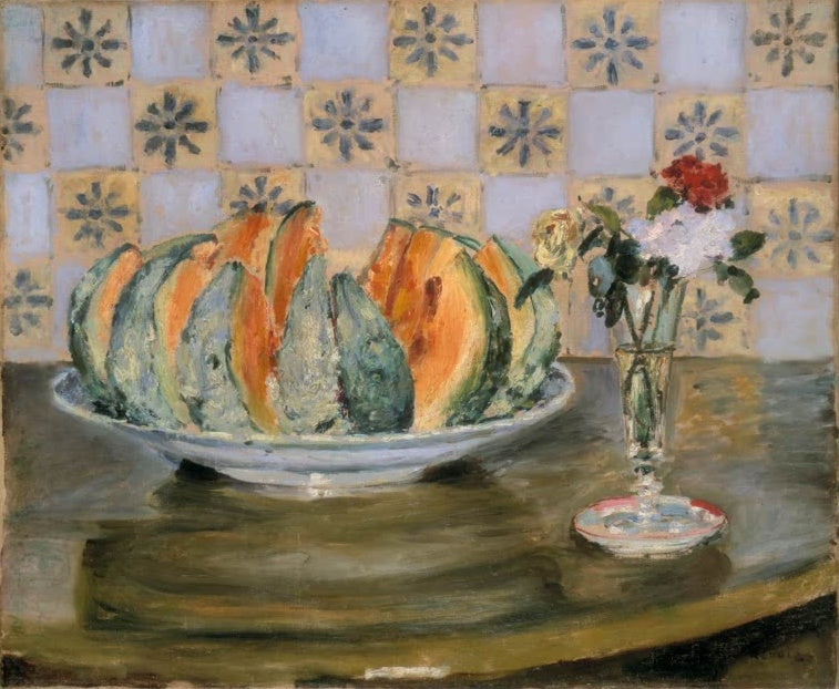 Aufgeschnittene Melone in Schale, Vase vor Kacheln – Pierre-Auguste Renoir Stillleben mit Melone und Blumenvase Kunstkopie