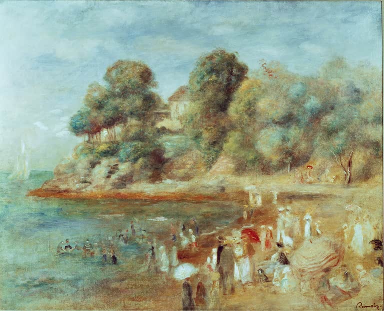 Badestrand mit Menschen und bewaldeter Landzunge – Pierre-Auguste Renoir Strand bei Pornic Kunstkopie