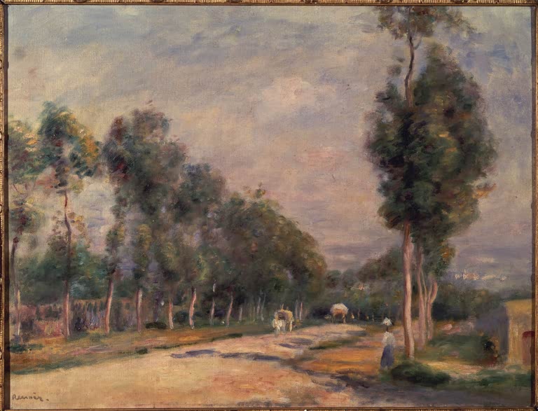 Landstraße mit hohen Bäumen und Fuhrwerk unter weitem Himmel – Pierre-Auguste Renoir Straße bei Louveciennes Kunstkopie