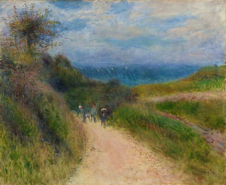 Weg durch grüne Hügel mit Blick aufs Meer – Pierre-Auguste Renoir Straße nach Berneval Kunstkopie
