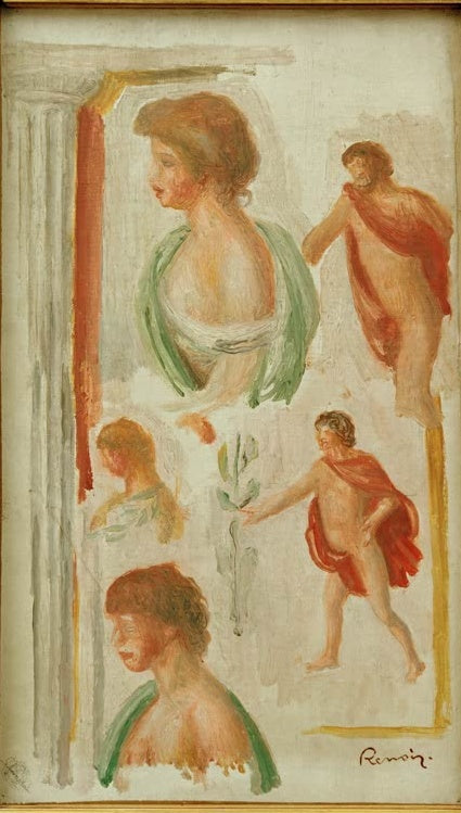 Skizzenblatt mit antiken Figuren und Köpfen – Pierre-Auguste Renoir Studie von Figuren aus der Antike Kunstkopie