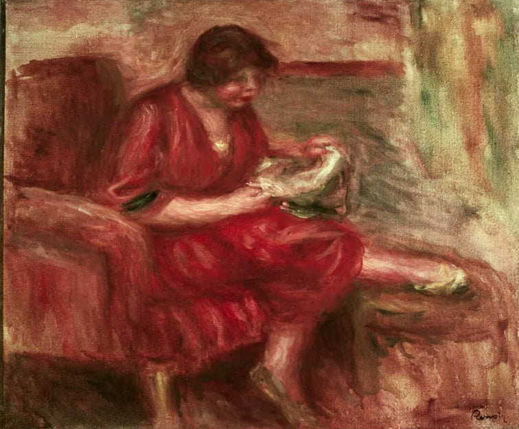 Frau in rotem Kleid sitzt in einem roten Sessel – Pierre-Auguste Renoir Symphonie en rouge Kunstkopie