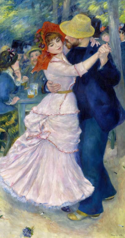 Tanzendes Paar, sie in rosa Kleid mit rotem Hut, er mit Strohhut – Pierre-Auguste Renoir Tanz in Bougival Kunstkopie