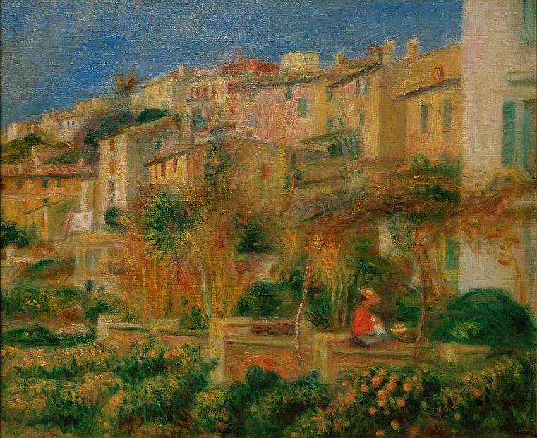 Terrassengarten mit blühenden Sträuchern vor südfranzösischen Häusern – Pierre-Auguste Renoir Terrasse à Cagnes Kunstkopie