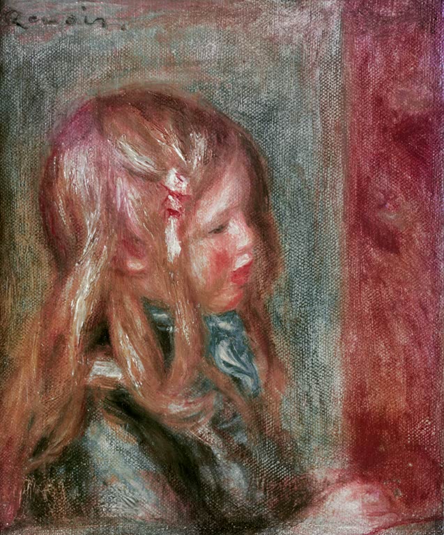 Kindsporträt mit langem rötlichem Haar im Profil vor rotem Grund – Pierre-Auguste Renoir Tête de Coco en bleu Kunstkopie