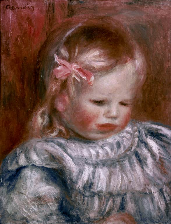 Kleines Kind mit rosa Schleife in blauem Rüschenkleid – Pierre-Auguste Renoir Tête de Coco en bleu Kunstkopie