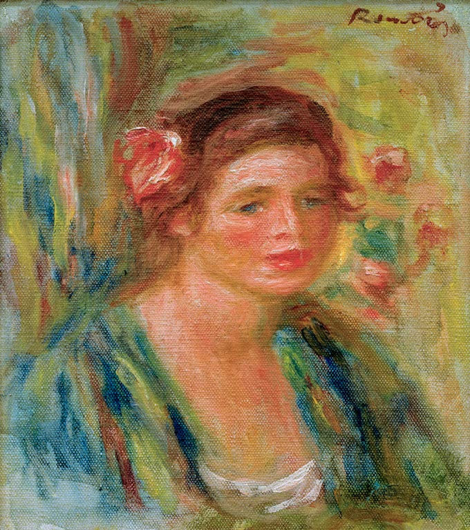 Kopf einer jungen Frau mit roter Blüte im Haar vor buntem Grund – Pierre-Auguste Renoir Tête de jeune femme Kunstkopie