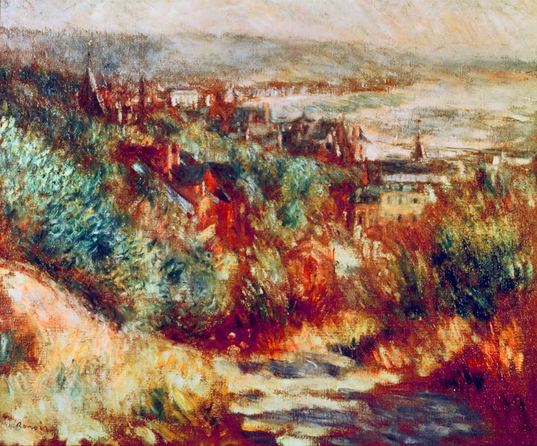 Blick über eine herbstliche Hügellandschaft auf eine Stadt – Pierre-Auguste Renoir Trouville Kunstkopie