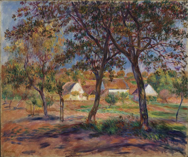 Baumgruppe im Herbstlicht vor Bauernhäusern, bunt getupfte Farben – Pierre-Auguste Renoir Umgebung von Pont-Aven Kunstkopie