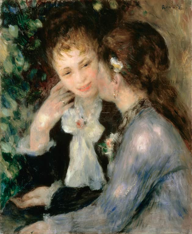 Zwei junge Frauen im Gespräch, die Köpfe zusammengeneigt – Pierre-Auguste Renoir Vertrauliche Gespräche Kunstkopie