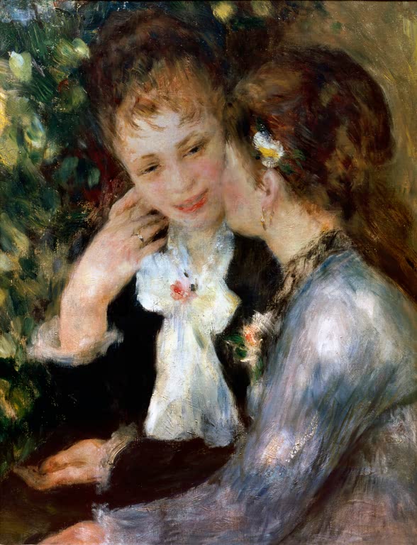Zwei junge Frauen flüstern dicht beisammen – Pierre-Auguste Renoir Vertrauliche Gespräche Kunstkopie
