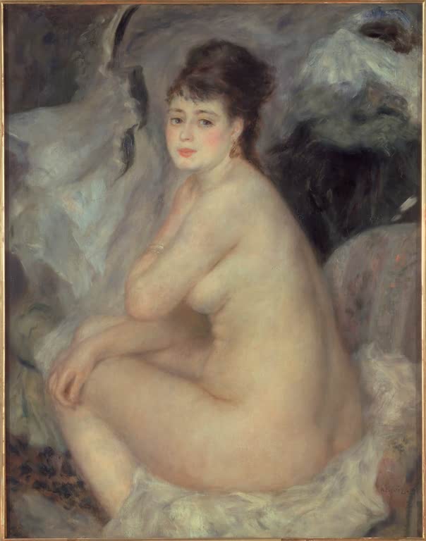 Sitzende nackte Frau mit hochgestecktem Haar vor grauem Vorhang – Pierre-Auguste Renoir Weiblicher Akt Kunstkopie