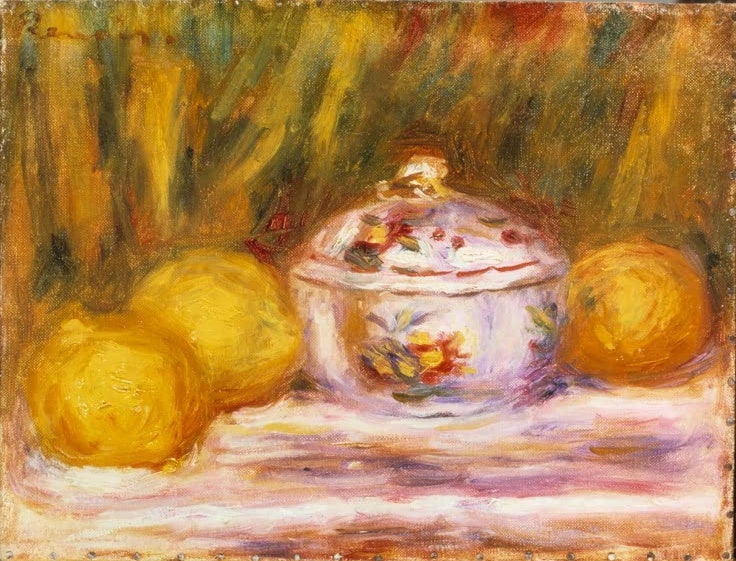 Zuckerdose mit Blumenmuster neben drei Zitronen – Pierre-Auguste Renoir Zuckerdose und Zitronen Kunstkopie