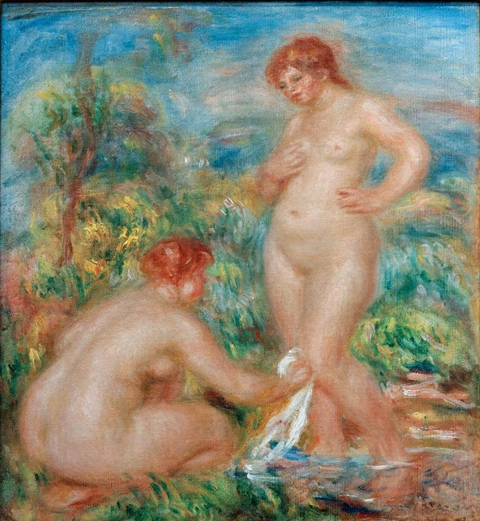 Zwei Akte am Wasser, eine kniet mit Tuch – Pierre-Auguste Renoir Zwei Badende Kunstkopie