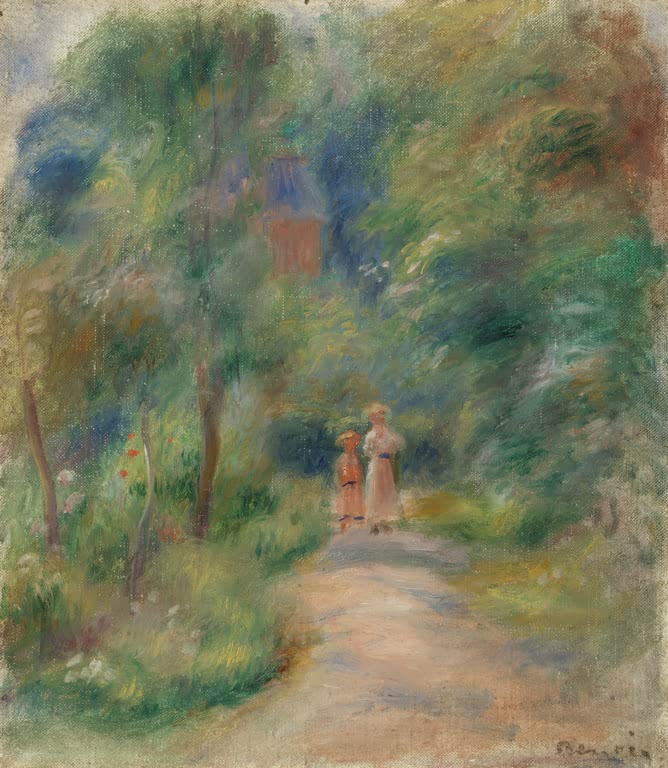 Zwei kleine Gestalten auf einem Pfad durch grüne Bäume – Pierre-Auguste Renoir Zwei Figuren auf einem Weg Kunstkopie