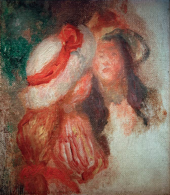 Zwei Mädchen mit Hüten in leuchtendem Rot, locker gemalt – Pierre-Auguste Renoir Zwei kleine Mädchen Kunstkopie