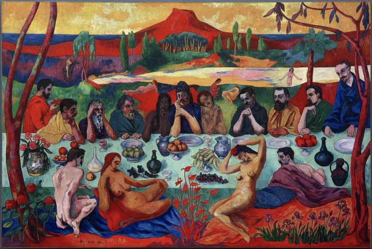 Lange Tafelrunde mit Männern, Akten und Früchten vor roter Landschaft – Pierre Girieud Hommage an Gauguin Kunstkopie