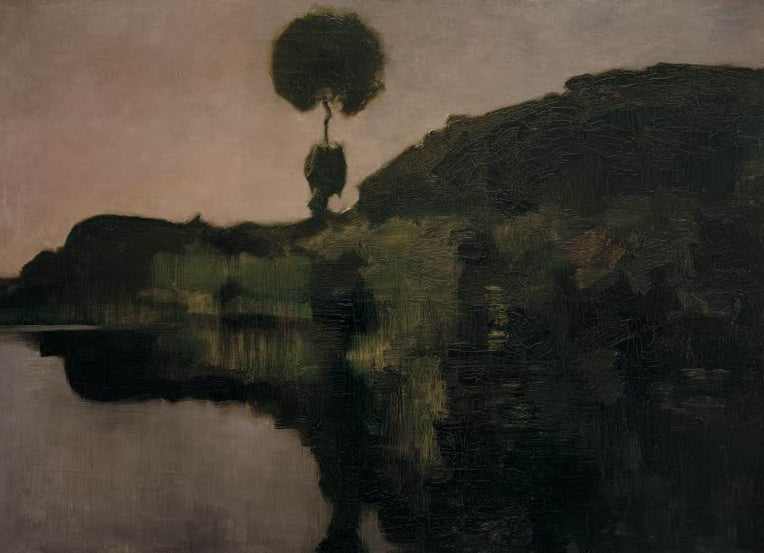 Piet Mondrian Abend am Gein Kunstkopie, dunkle Uferlandschaft mit einzelnem Baum und rosa Abendhimmel über stillem Wasser