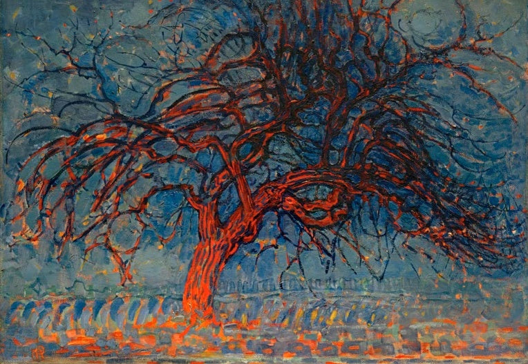 Piet Mondrian Abend, Roter Baum Kunstkopie, leuchtend rotes Geäst eines Baumes vor blauem Abendhimmel