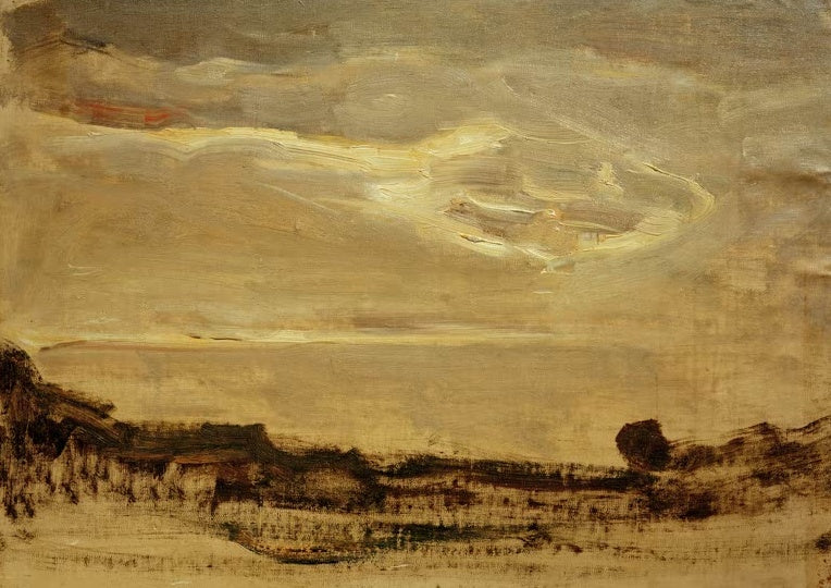 Piet Mondrian Abendhimmel mit leuchtender Wolke Kunstkopie, goldgelber Himmel über einer dunklen flachen Uferlinie
