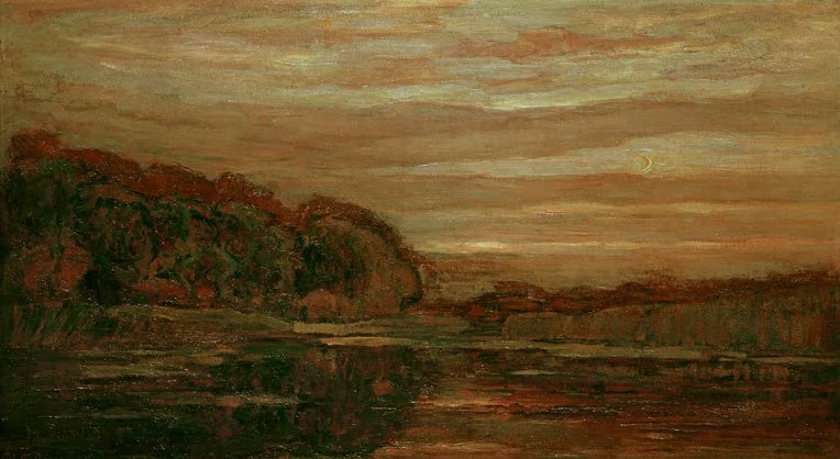 Piet Mondrian Abendlandschaft am Gein Kunstkopie, rotbraune Uferbäume und Wolkenhimmel spiegeln sich im stillen Fluss